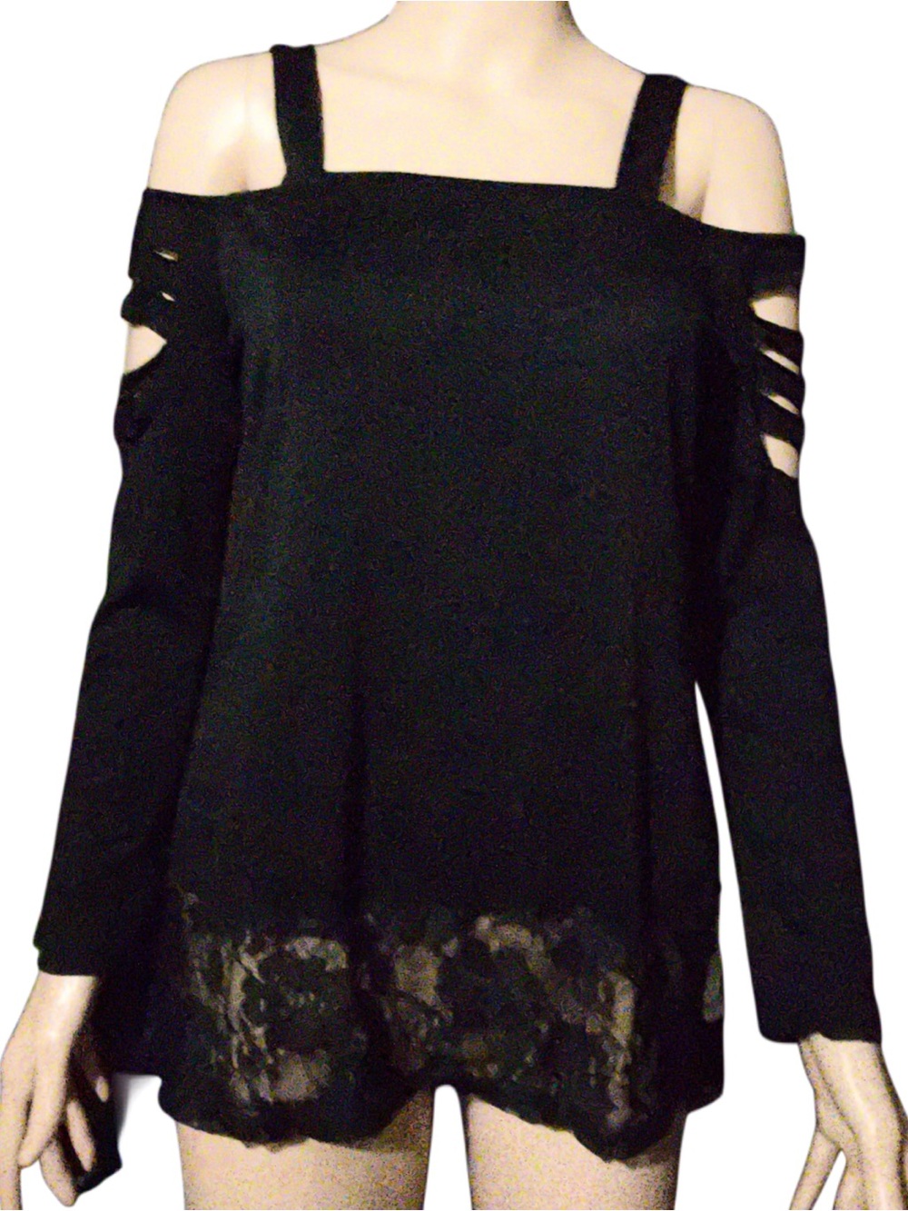 Goth Punk Black Cold Shoulder Lace Trim Tunic Top